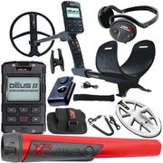 XP DEUS II metal detector black with 11" coil, Remote control, WSAST headphones, red and black MI-6 pinpointer, white coil, and accessories on a white background