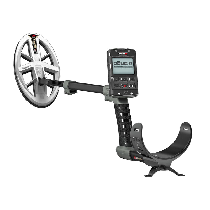 XP DEUS II Fast Multi Frequency Metal Detector with 9.5 X 5" FMF Search Coil - white coil, black metal detector