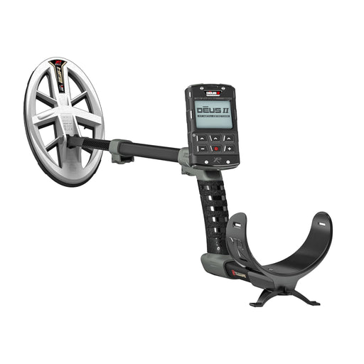 XP DEUS II Fast Multi Frequency Metal Detector with 9.5 X 5" FMF Search Coil - white coil, black metal detector