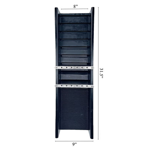 A tall black sluice box front-facing on a white background, with dimension labels indicating 8 inches wide at the top, 31.5 inches tall, and 9 inches at the bottom.