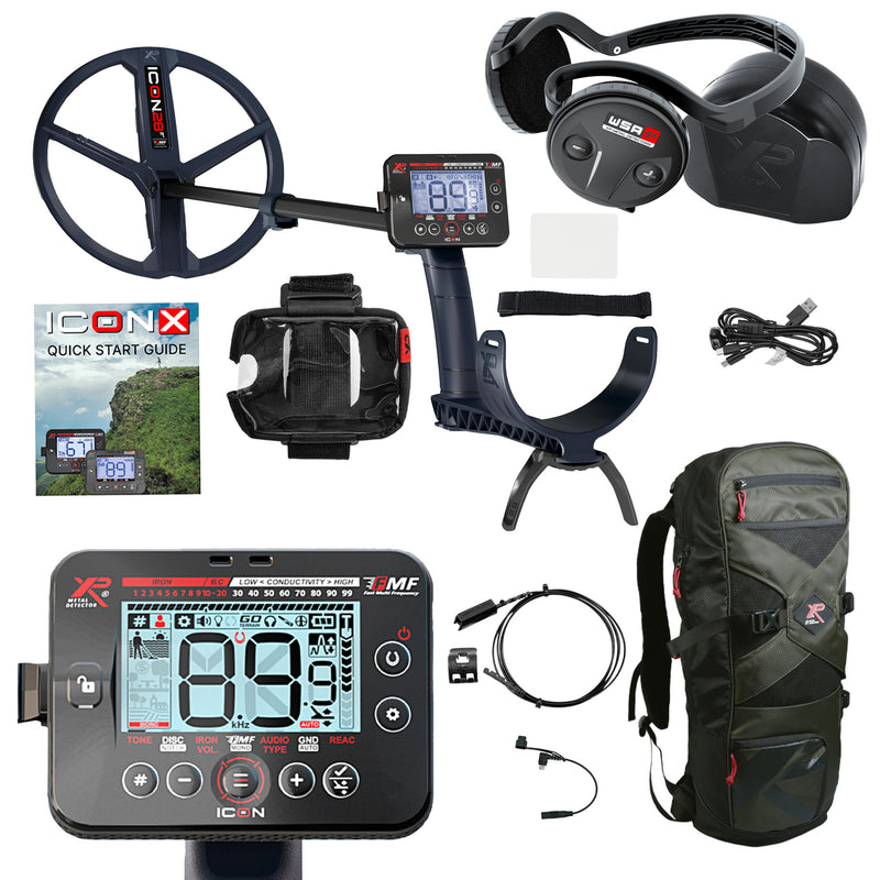 XP ICON Fast Multi Frequency Metal Detector with WSA ST Headphones, 11" FMF Search Coil & 240 XP Backpack