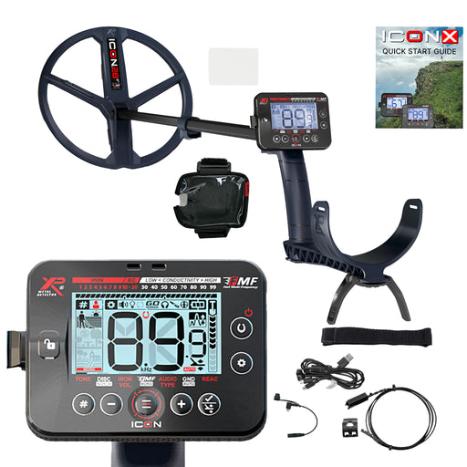 dark blue and black XP ICON metal detector with accessories on white background