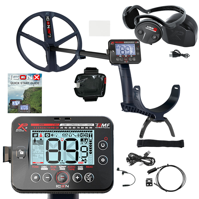 A metal detector bundle on a white background, including a large black metal detector with a circular coil, remote control, headset, wrist strap, cables, accessories, a small quick-start guide, and a close-up of the control display.