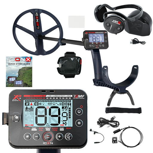 A metal detector bundle on a white background, including a large black metal detector with a circular coil, remote control, headset, wrist strap, cables, accessories, a small quick-start guide, and a close-up of the control display.