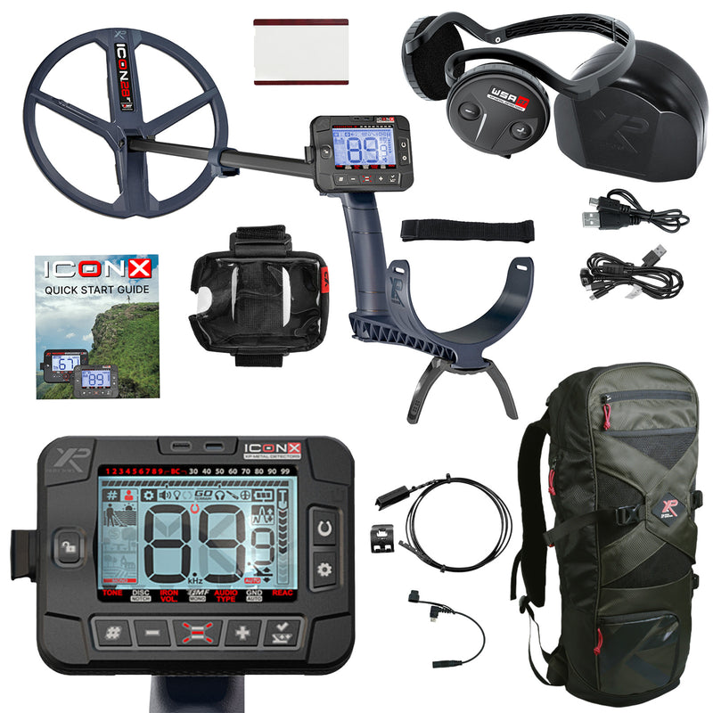 ICONX metal detector kit with a large coil, handheld controller, headphones, control cover, USB cable, charger, quick start guide, and a green/black backpack on a white background.