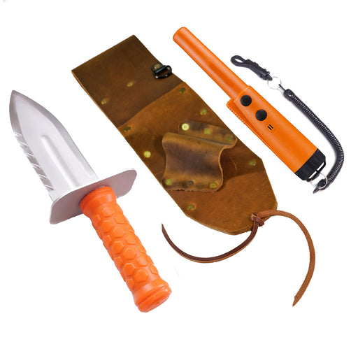 orange pinpointer with black lanyard and brown leather sheath with orange and silver digger