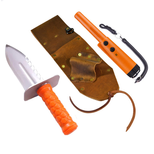 silver and orange digger with brown leather sheath, and orange and black pinpointer with black lanyard