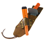 orange pinpointer with black lanyard and brown leather sheath with orange and silver digger