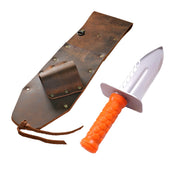 image of brown leather sheath with orange and silver digger on white background
