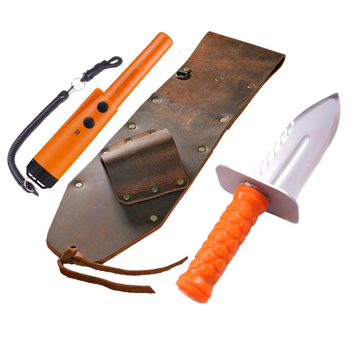 orange pinpointer with black lanyard and brown leather sheath with orange and silver digger
