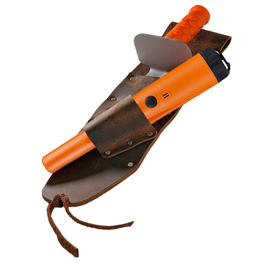 image of orange pinpointer with black lanyard and brown leather sheath with orange and silver digger on white background
