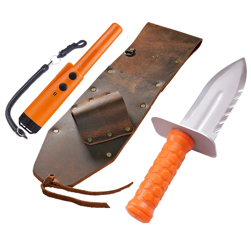 image of orange pinpointer with black lanyard and brown leather sheath with orange and silver digger on white background