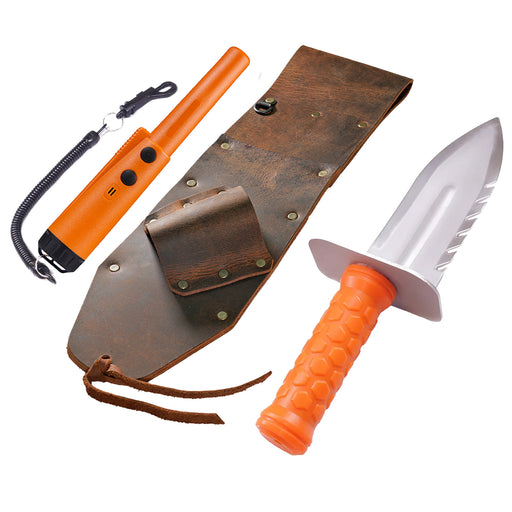image of orange pinpointer with black lanyard and brown leather sheath with orange and silver digger on white background