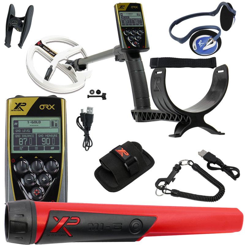A metal detector kit with a handheld metal detector, a red and black pinpointer, a white coil, a black armrest with shaft, a holster, a strap, and accessories on a plain white background.