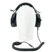 Black Killer B Thresher headphones with coiled cord on a mannequin head with white background