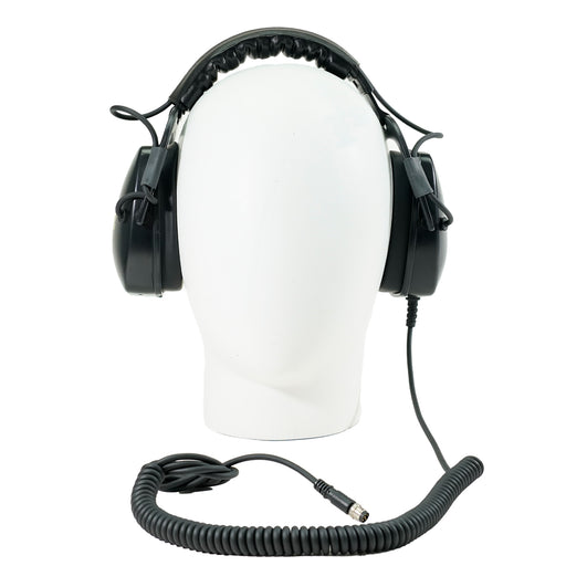Black Killer B Thresher headphones with coiled cord on a mannequin head with white background