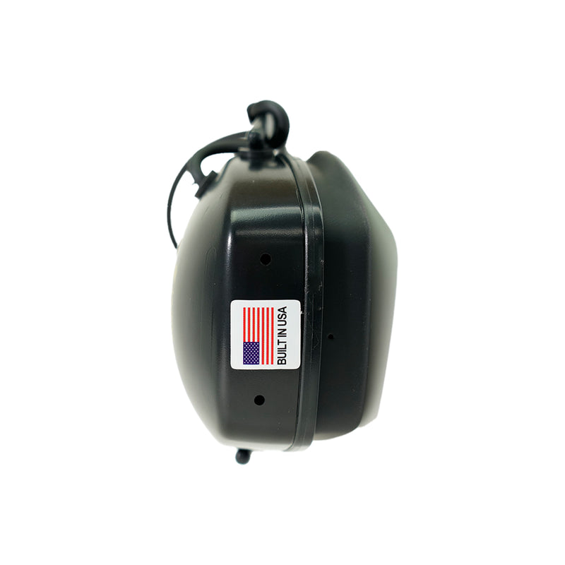 bottom view of headphones with sticker of the America flag and text "BUILT IN USA" on white background