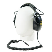 Black Killer B Thresher headphones with coiled cord on a mannequin head with white background