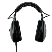 Black wired over-ear headphones with padded headband and ear cups, shown from the front on a plain white background.