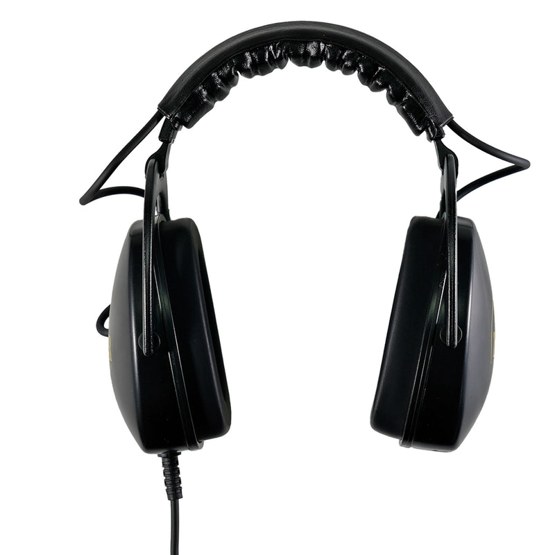 Black wired over-ear headphones with padded headband and ear cups, shown from the front on a plain white background.