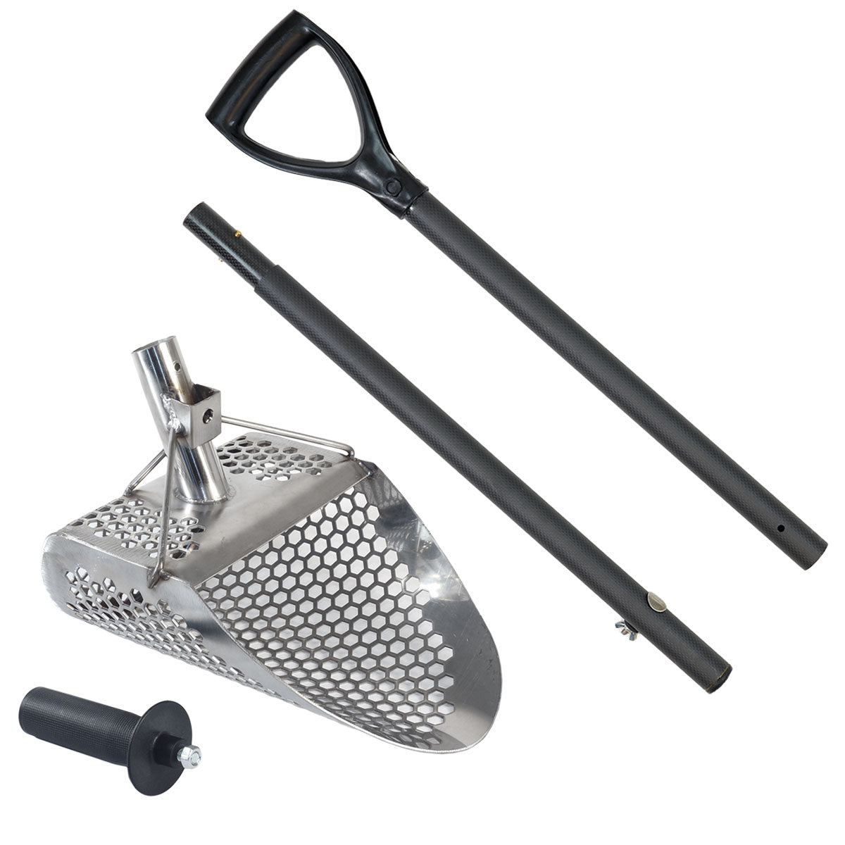 Dune Scoops Hydra 11" x 8" Stainless Metal Detector Sand Scoop with 2 mount options & Carbon Fiber Rod with Handle