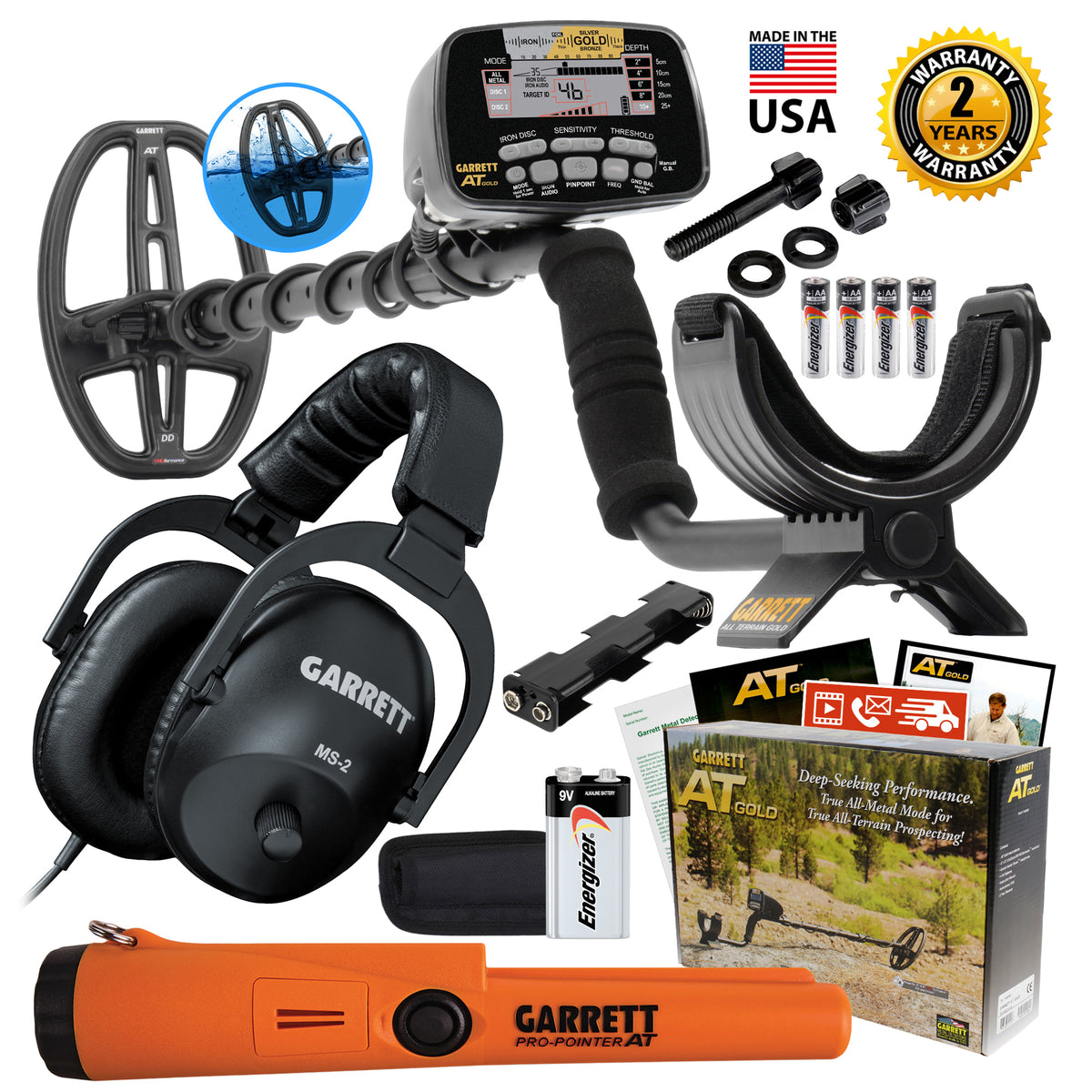 Garrett AT Gold Waterproof Metal Detector with MS-2 Headphones and ProPointer AT