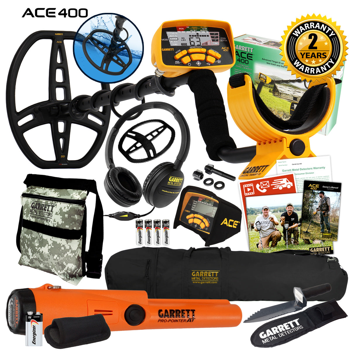 Garrett ACE 400 Metal Detector with DD Waterproof Coil and Premium Accessories