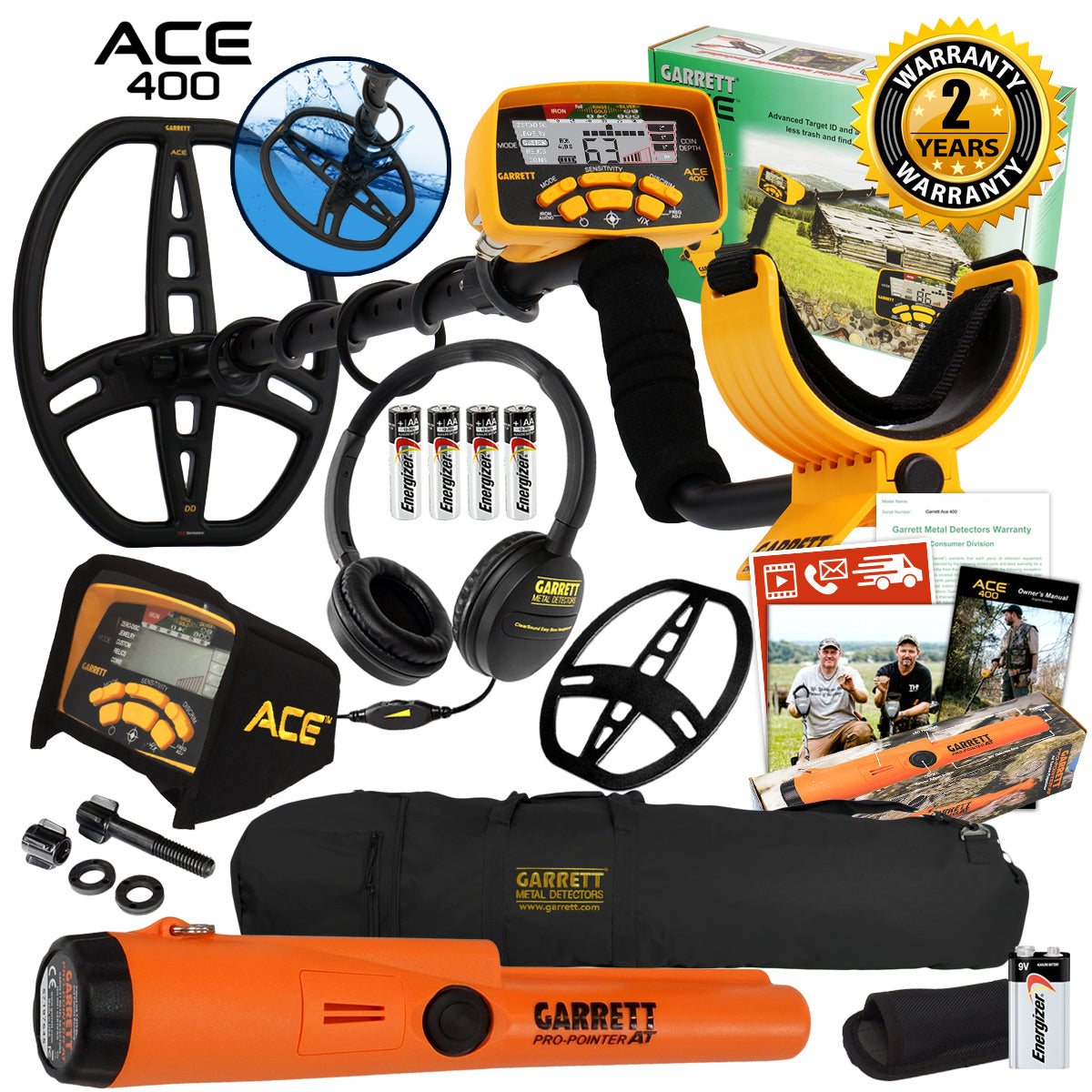 Garrett ACE 400 Metal Detector with Waterproof Coil Pro-Pointer AT and Carry Bag