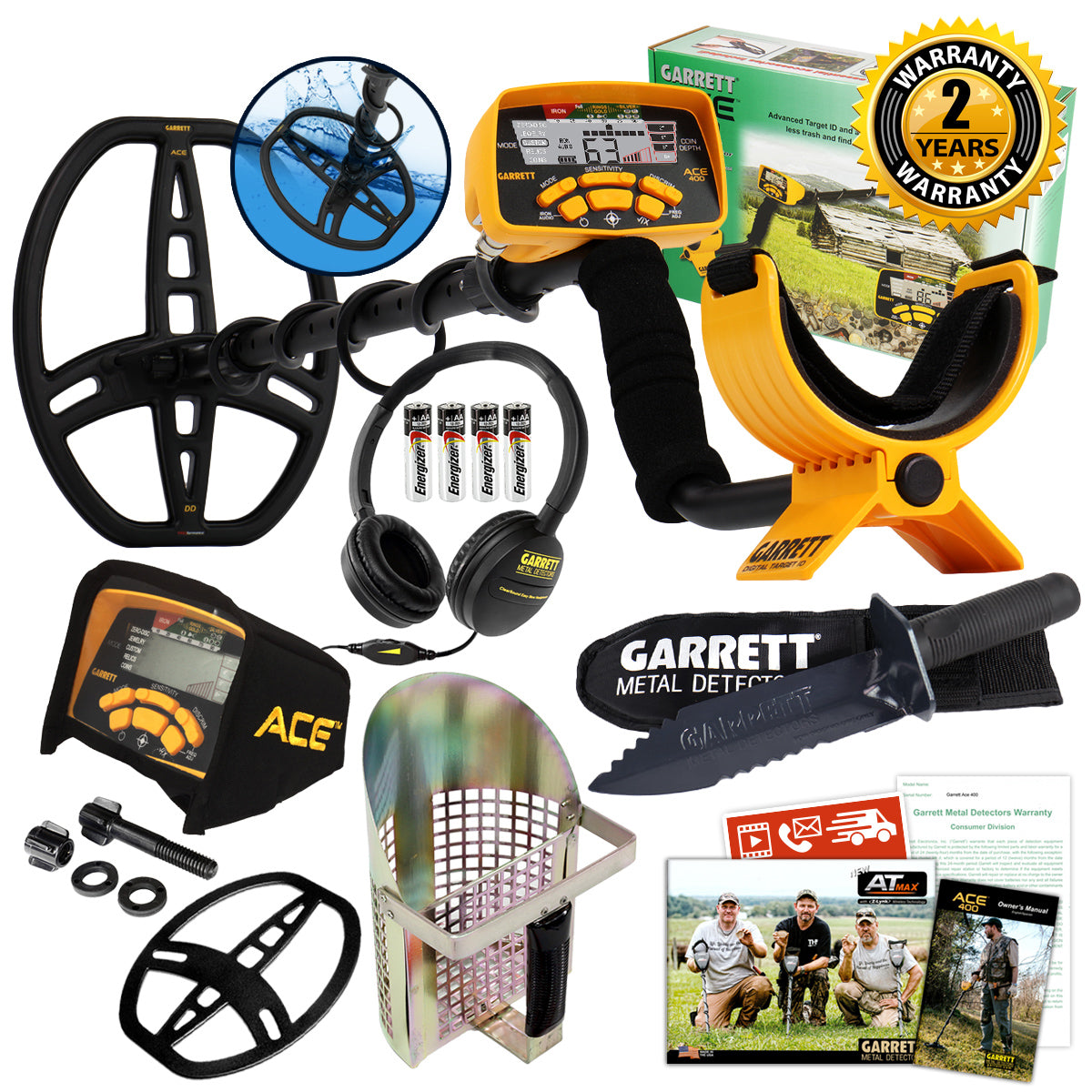 Garrett ACE 400 Metal Detector w/ DD Waterproof Coil, Edge Digger & Sand Scoop