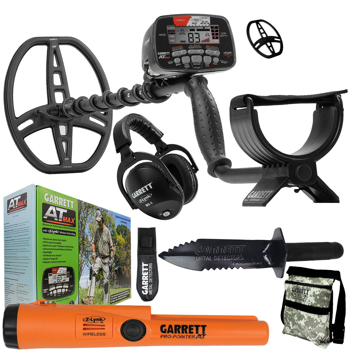 Garrett AT MAX Detector, MS-3 Headphones, Pro-Pointer AT Z-Lynk, Digger & Pouch