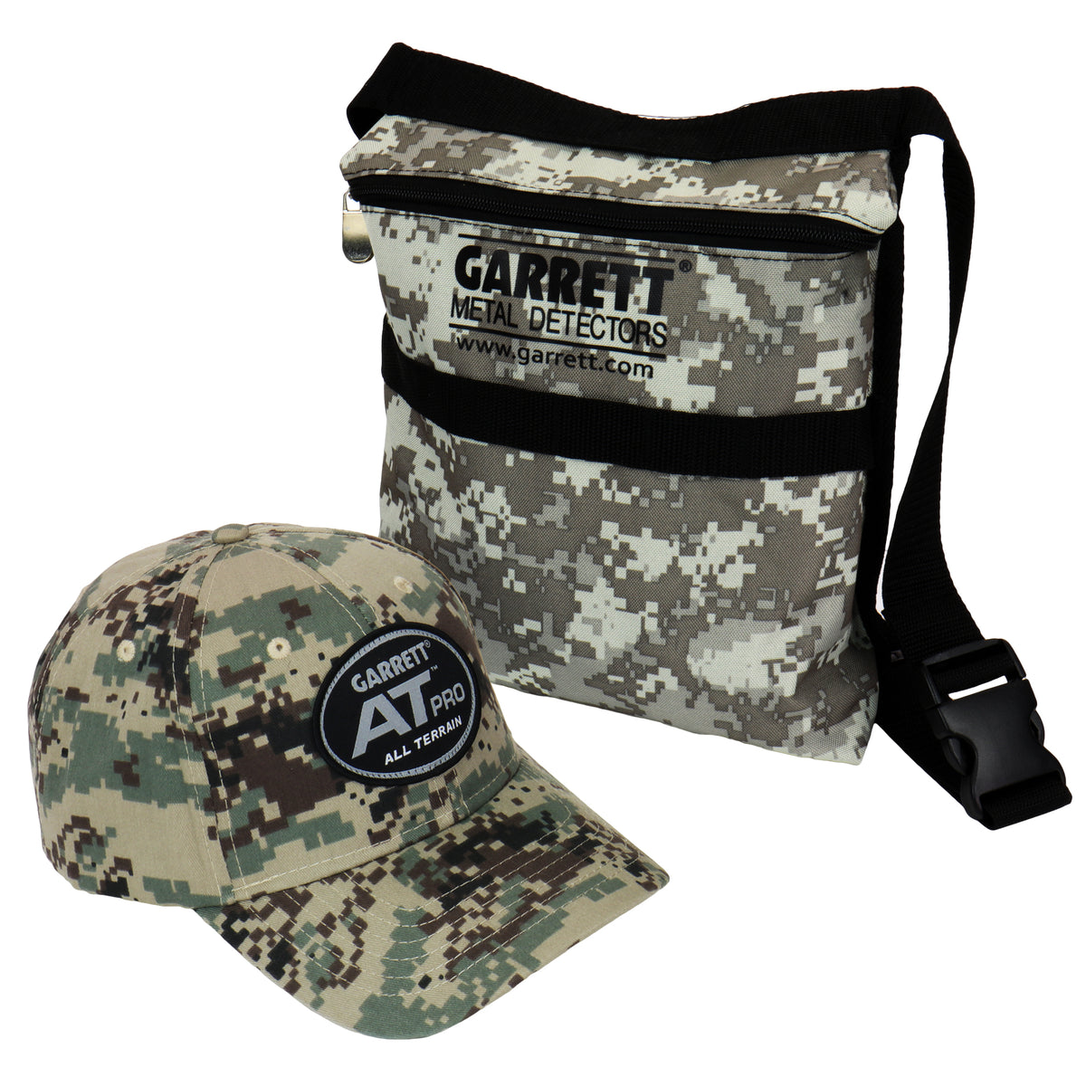 Garrett Camo Metal Detector Digger Finds Pouch & AT PRO Logo Baseball Cap Hat OS