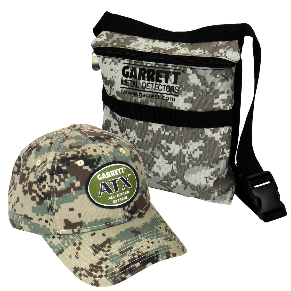 Garrett Camo Metal Detector Digger Finds Pouch & ATX Logo Baseball Cap Hat OS