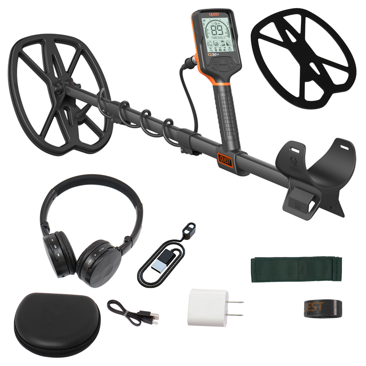 Quest Q30+ Metal Detector w/RaptorX TurboD 9x11" Coil & Wirefree Lite Headphones