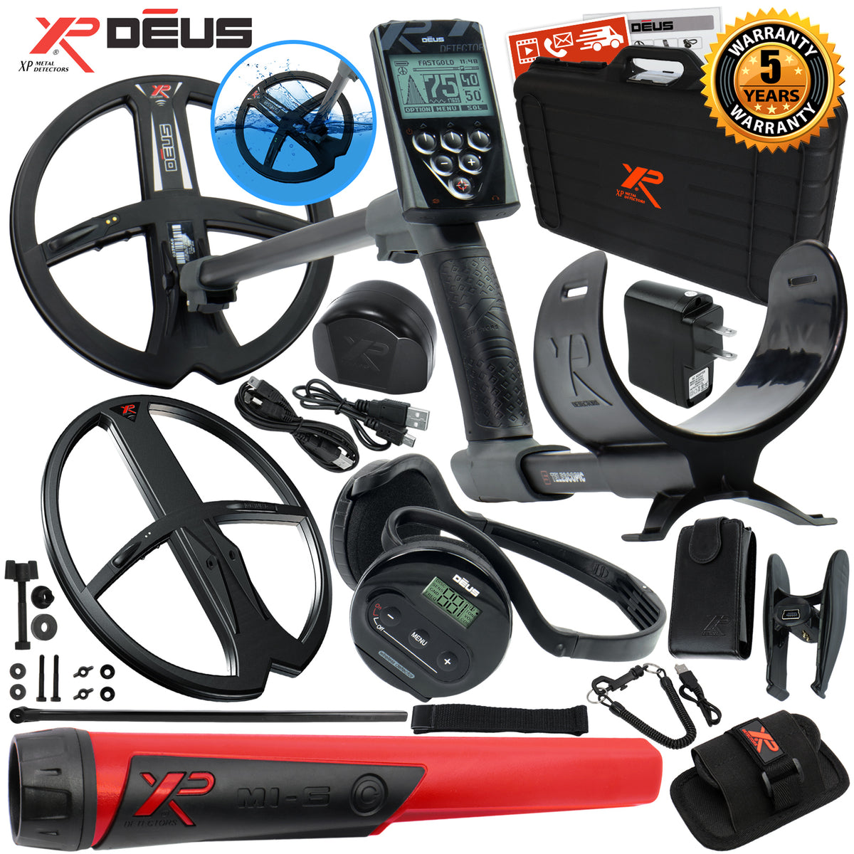 XP Deus Metal Detector w/ MI-6 Pinpointer, WS4 Backphone, Remote & 2 X35 Coils